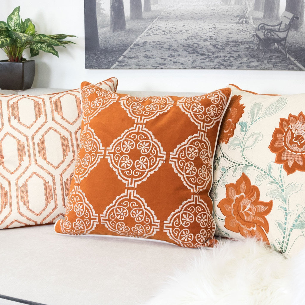 Burnt Orange Damask Embroidered Throw Pillow