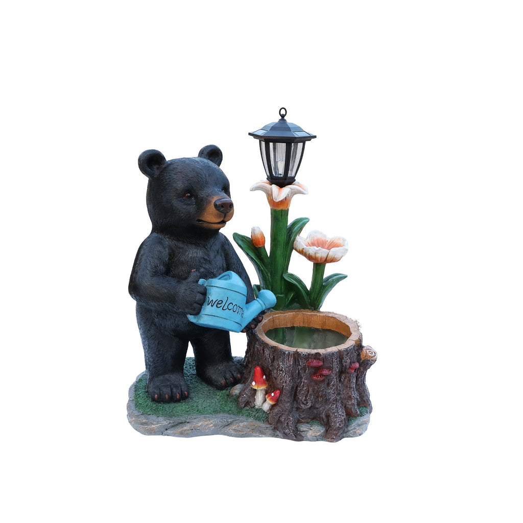 Standing Black Bear Garden Planter with Decorative Solar Lantern