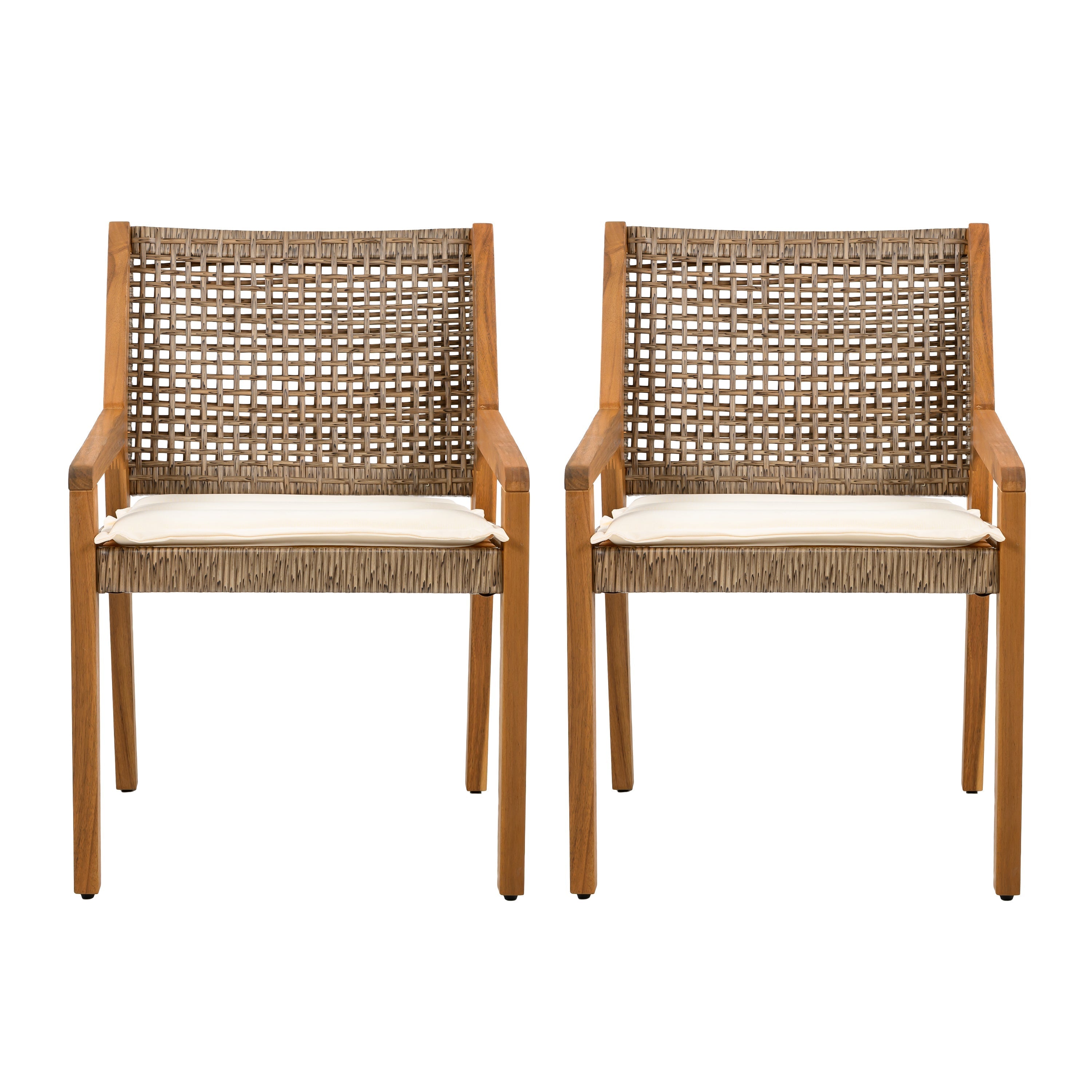Outdoor Dining Chair Set of 4 - Acacia Wood and Wicker with Cream Cushion