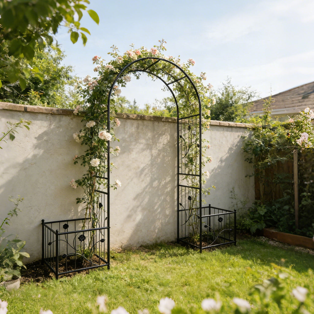 Metal Garden Arch With Two Plant Stands Wide High Climbing Plants Support Rose Arch Outdoor - Black