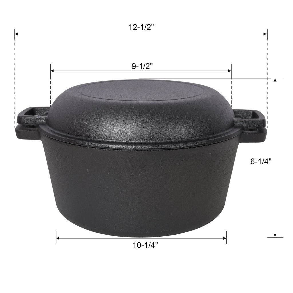 Pre-Seasoned Cast Iron Dutch Oven 2 In 1 With Dual Handles And Covers, 5 Quart - Black