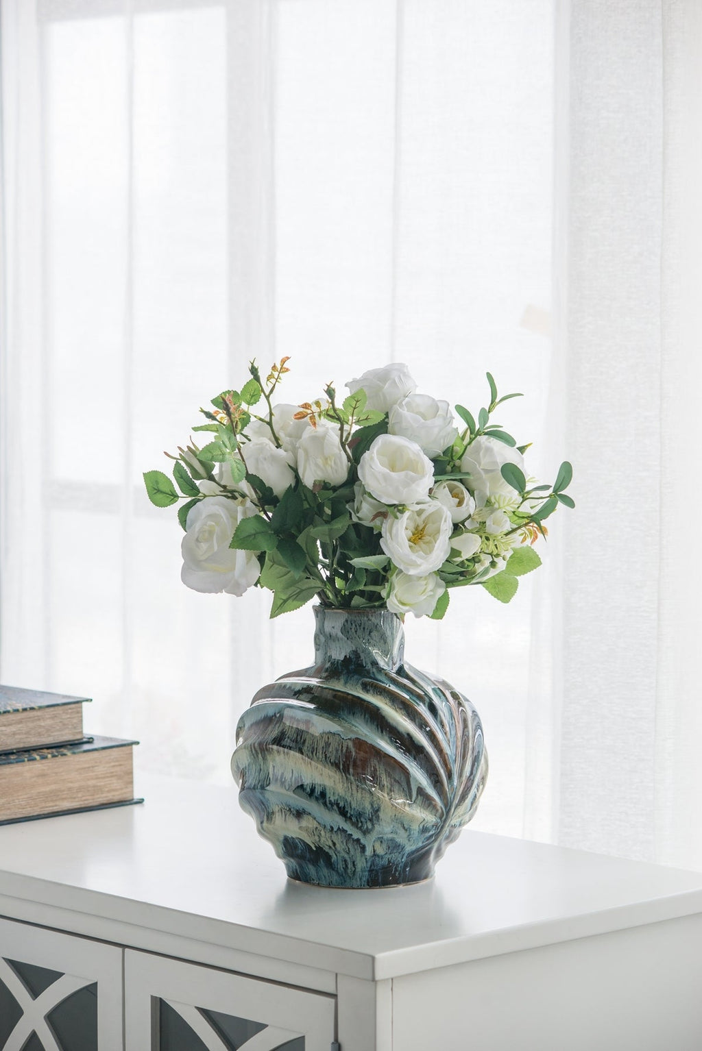 9.4x9.4x11" Blue and Brown Reactive Glazed Accent Vase
