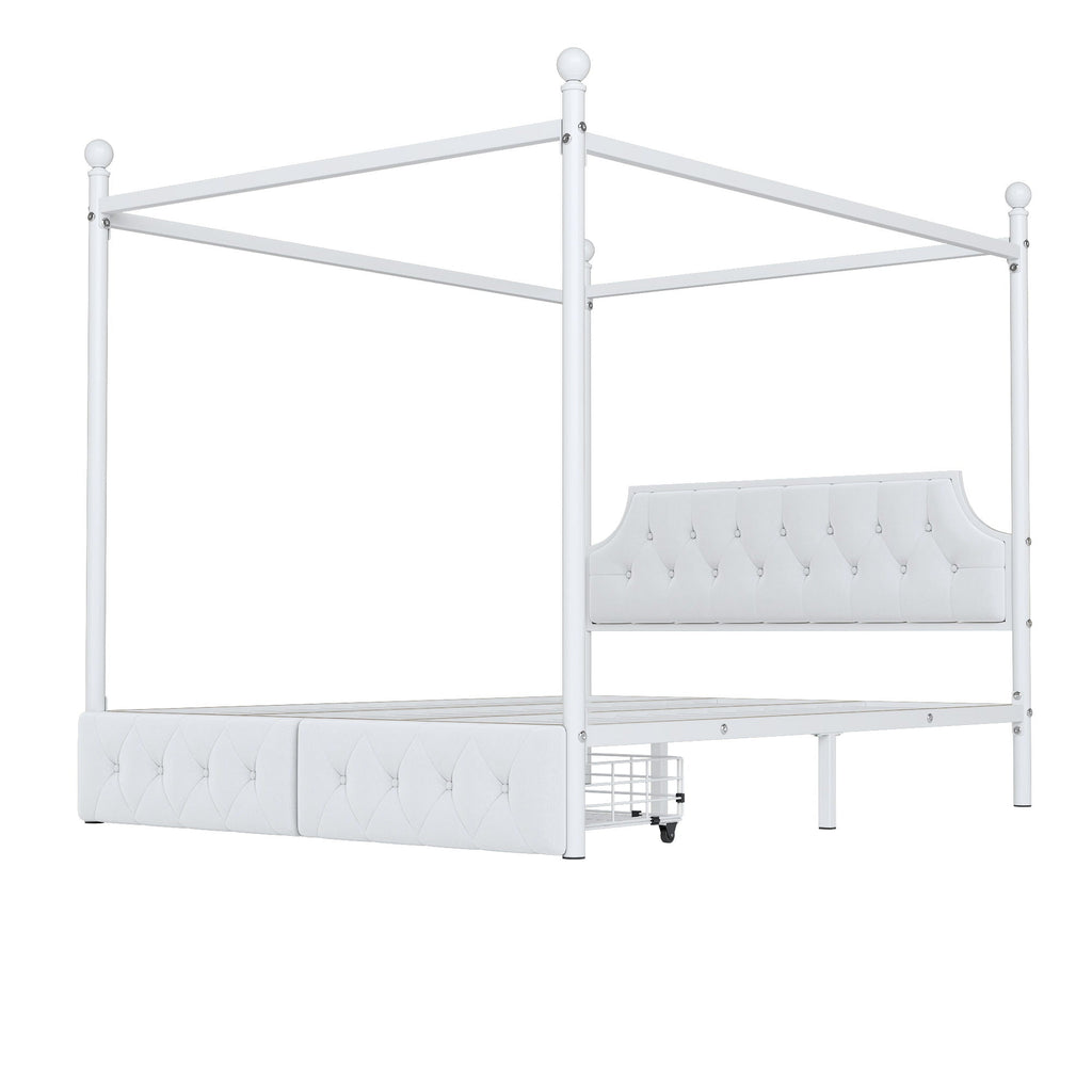 Queen Size Canopy Platform Bed With Upholstered Headboard And 2 Storage Drawers - White