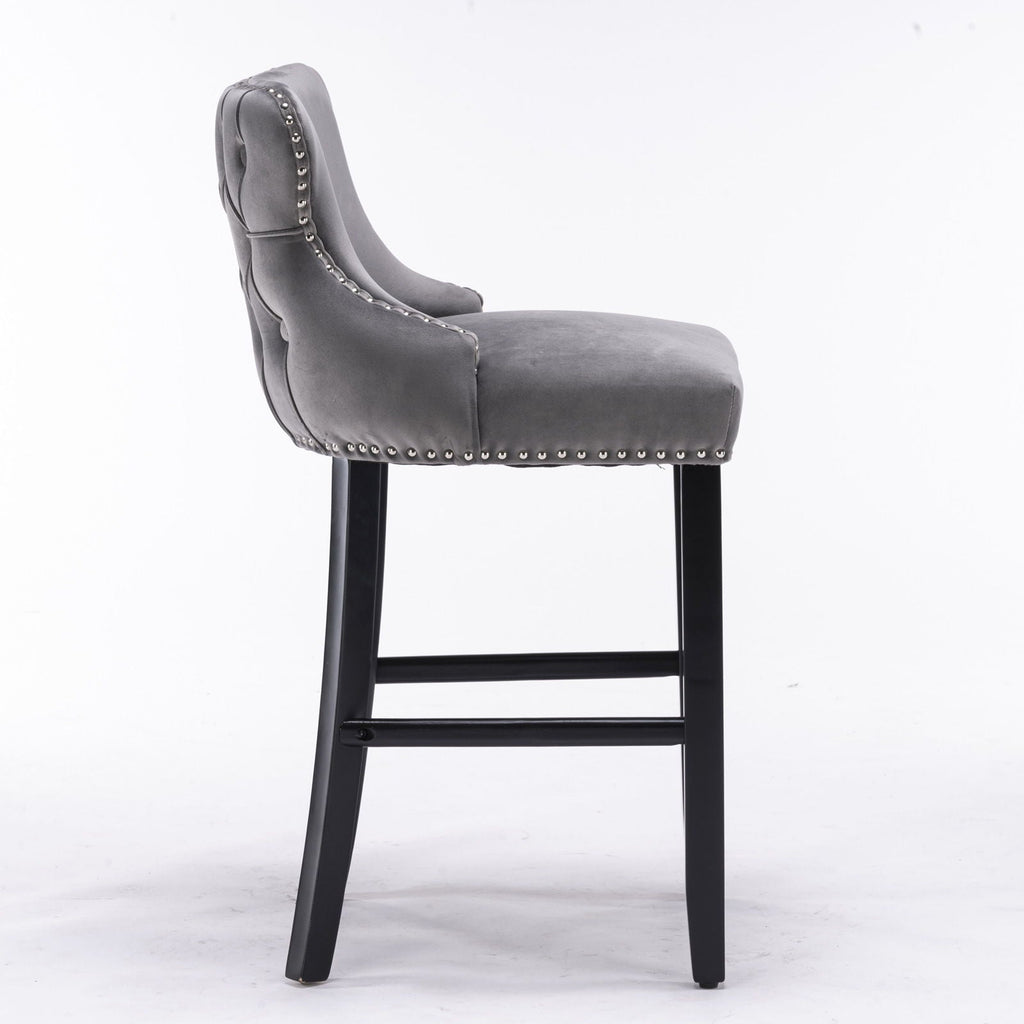 Contemporary Upholstered Wing-Back Barstools With Button Tufted Decoration And Wooden Legs, And Nailhead Trim, Leisure Style Bar Chairs, Bar Stools (Set of 2)