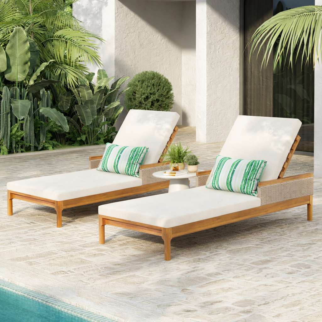 76.8" Solid Acacia Wood Sun Lounger Set of 2 with Cushions