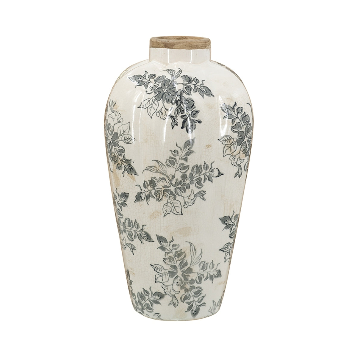 8.1x8.1x13.6' White Ceramic Accent Vase with Gray Floral Design