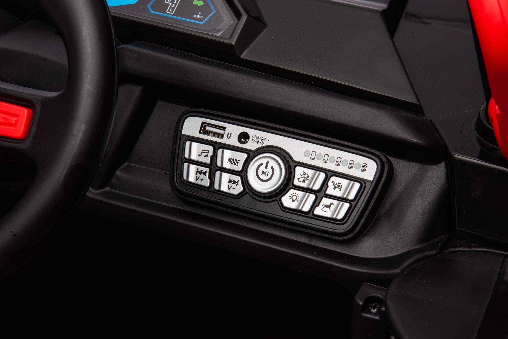 12V7A*1 30W*4 Four-Wheel Drive Seat One Button Start, Forward And Backward, High And Low Speed, Music, Front Light, Power Display, Two Doors Can Open, 2.4G R / C, Seat Belt Four Wheel Absorber