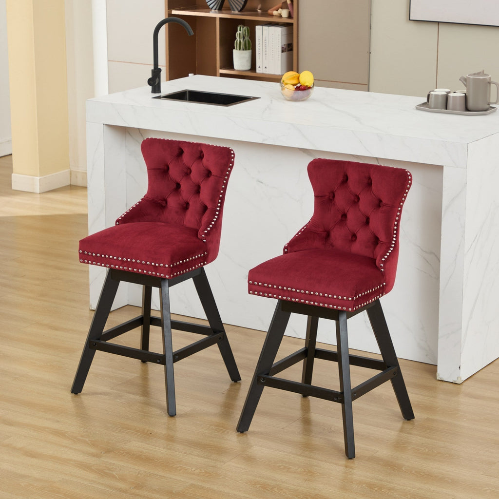 Swivel Velvet Barstools with Button Tufted Decoration - Set of 2 (Wine Red)