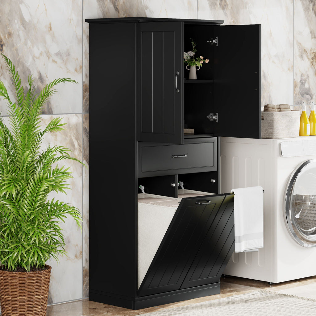 Modern Bathroom Storage Cabinet with Two Laundry Baskets, One Drawer, Adjustable Shelf