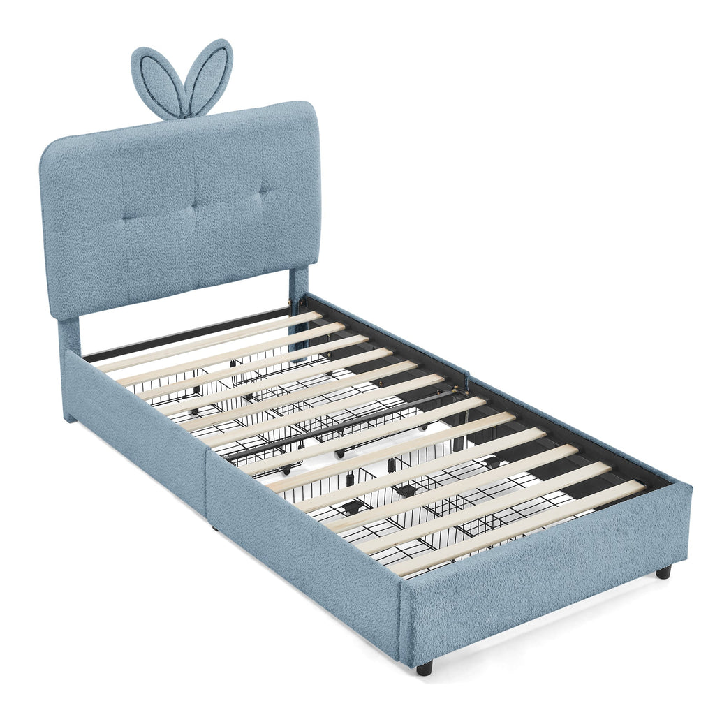 Twin Size Kids Upholstered Bed with Oversized Rabbit Ear Headboard
