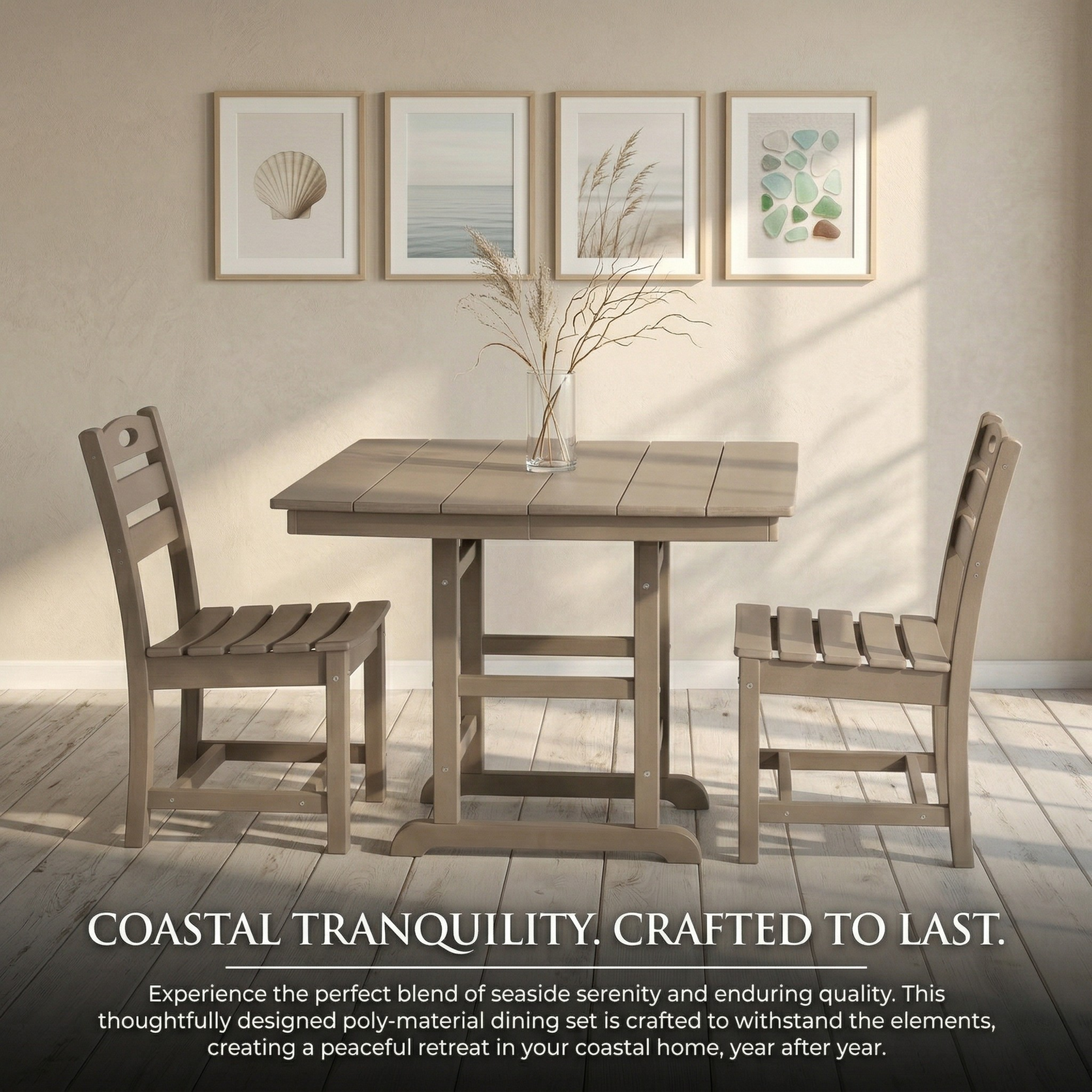 Antique Wood Color HDPE 5-Piece Outdoor Patio Dining Set with Square Table and 4 Armless Chairs, Umbrella Hole