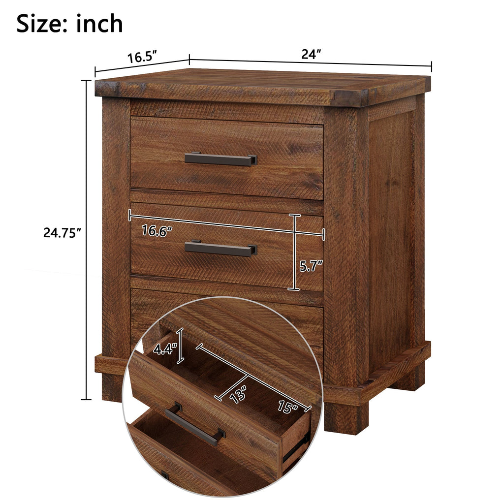 Rustic Three Drawer Reclaimed Solid Wood Farmhouse Nightstand Set of Two