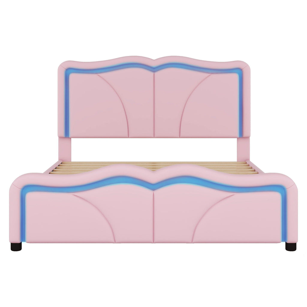 Upholstered Platform Bed & Curve Shaped And Height Adjustable Headboard, LED Light Strips