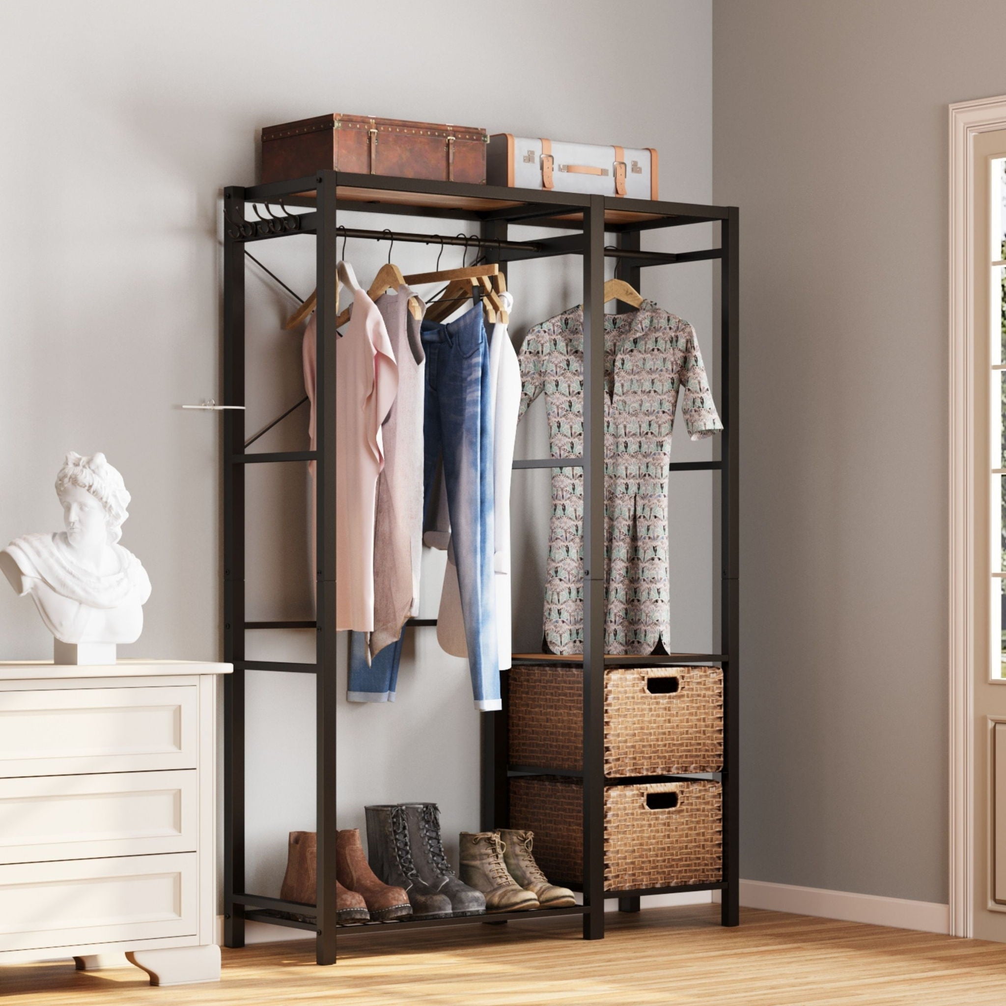 Garment Rack With Shelves, 2 Wicker Drawers, 4 Hooks Organizer