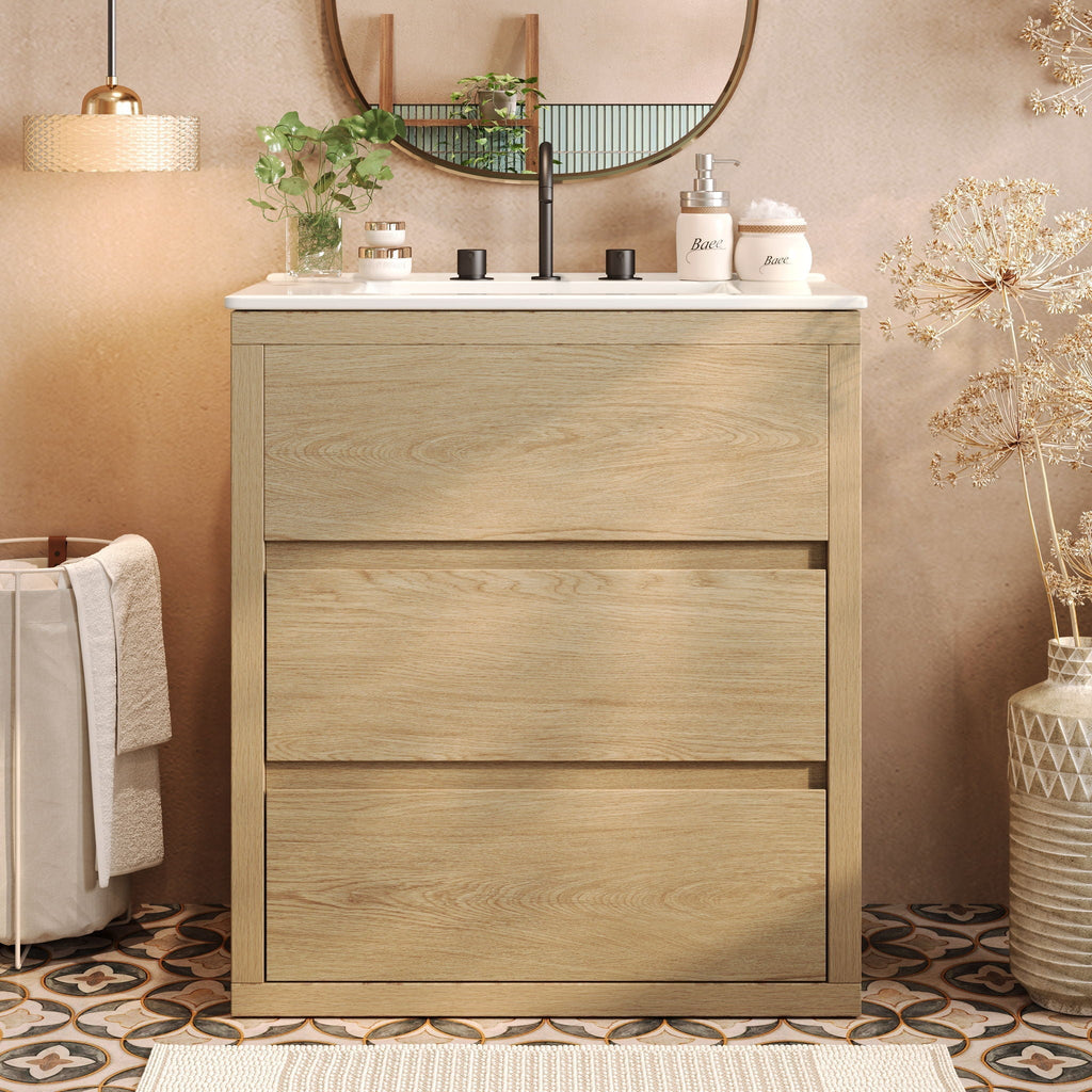 Freestanding Bathroom Vanity with Ceramic Sink and 2 Full Extension Drawers