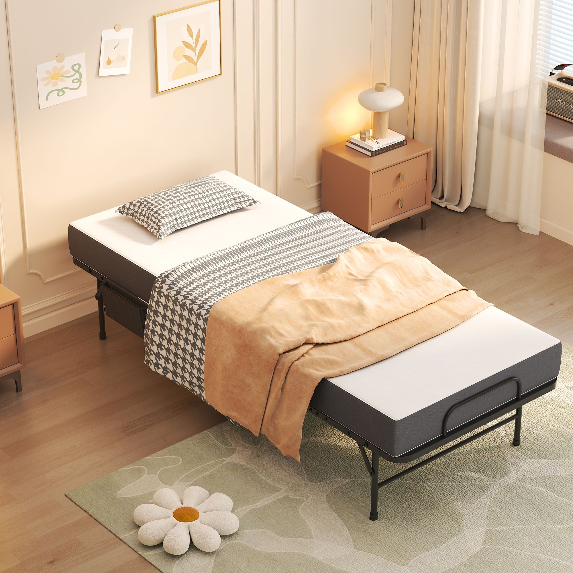 Twin Folding Bed With Memory Foam Mattress, Space Saving Rollaway Guest