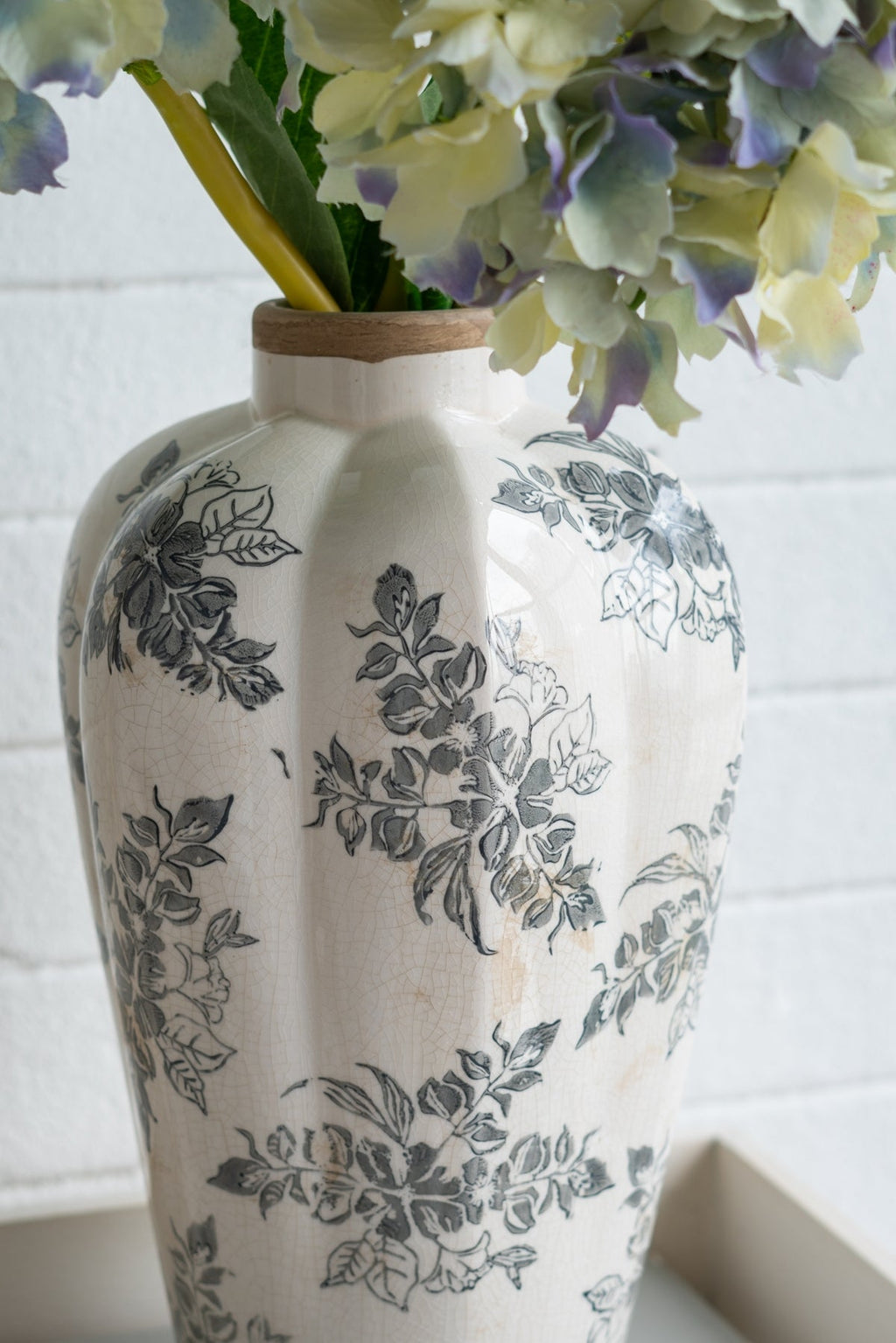 8.1x8.1x13.6' White Ceramic Accent Vase with Gray Floral Design
