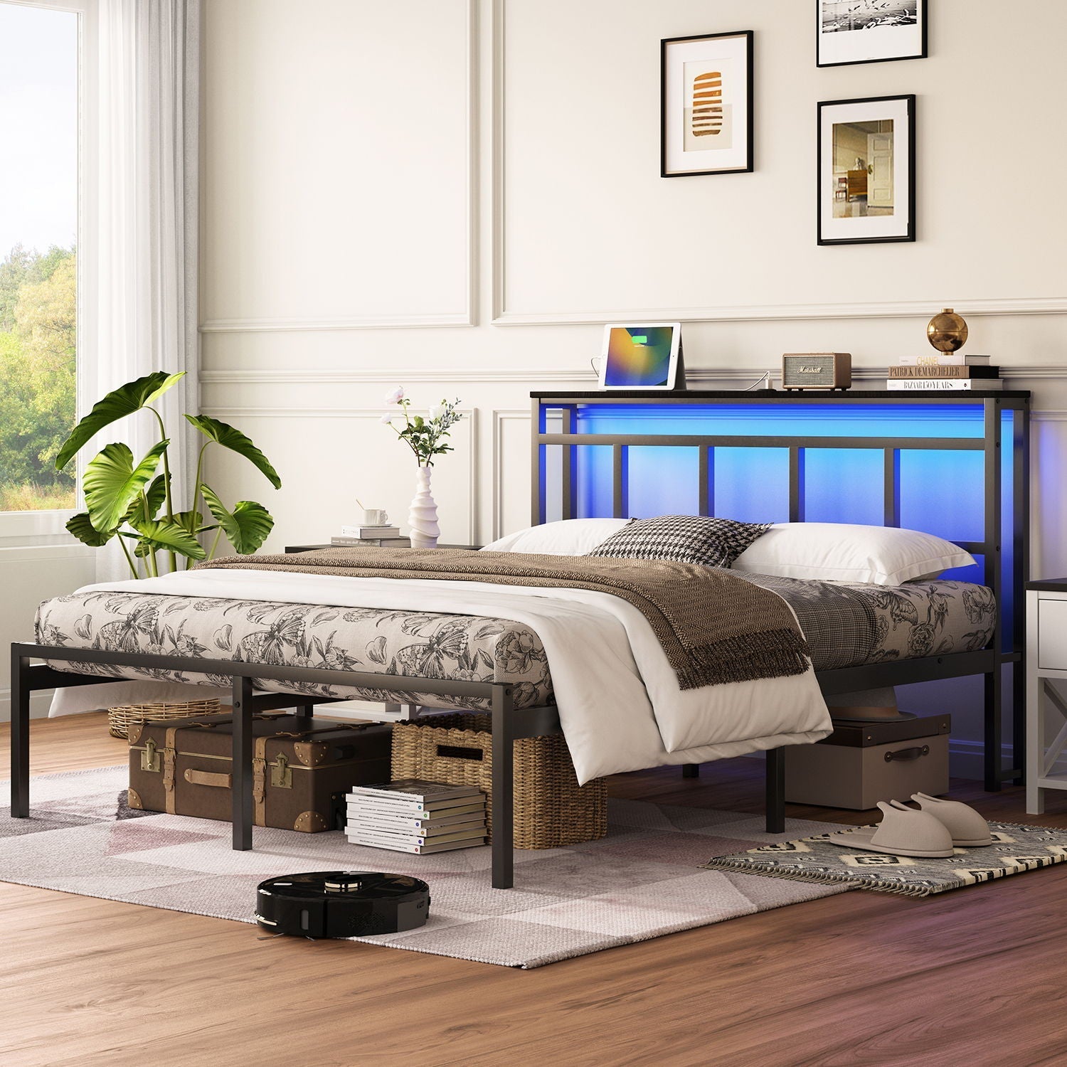 Bed Frame With Storage Headboard With USB C, Type C And LED Light