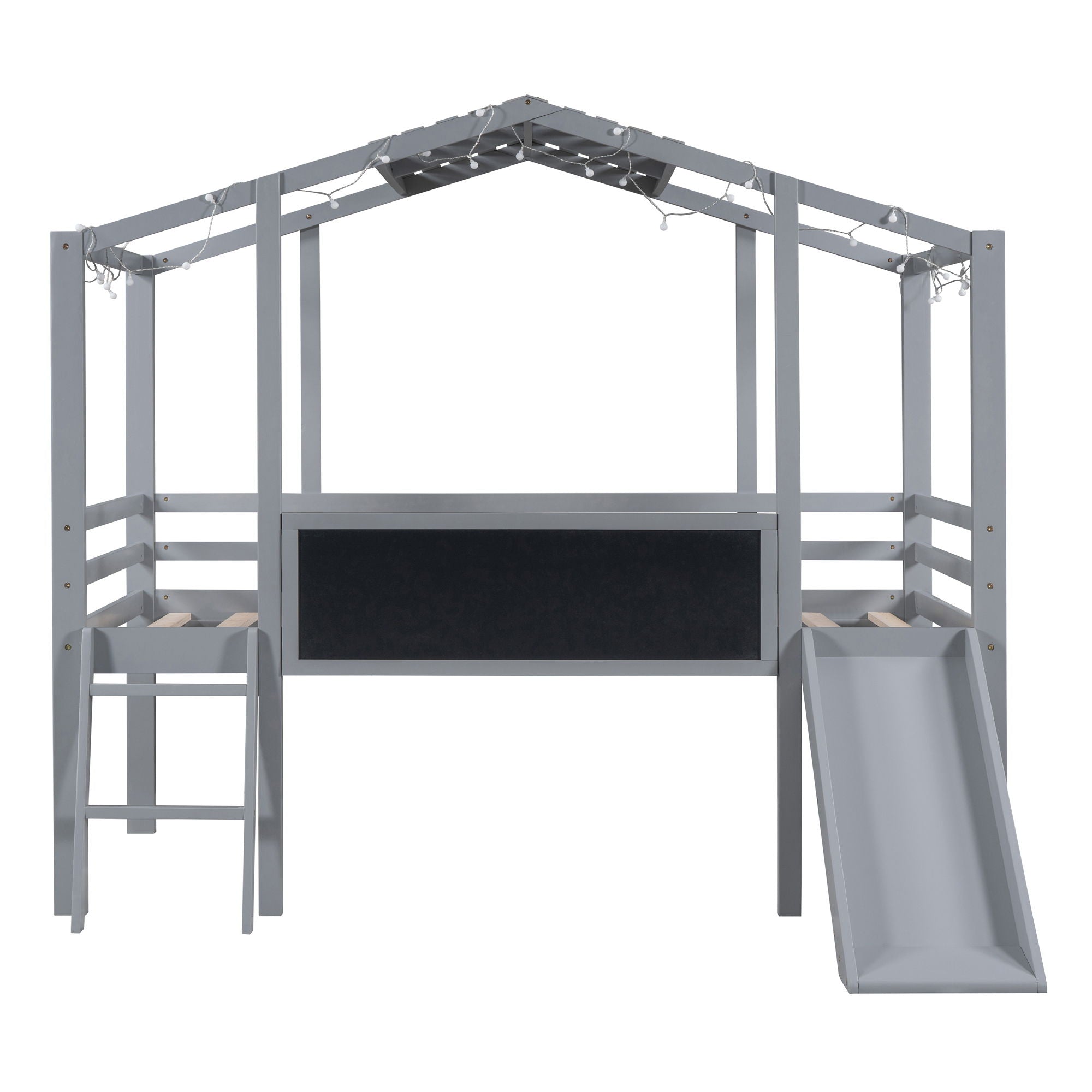 Loft House Bed With Ladder And Slide, With board And Light Strip On The Roof