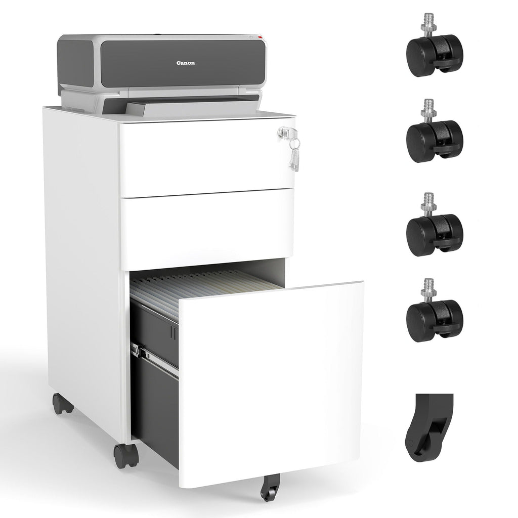 3-Drawer Mobile File Cabinet With Lock, On Wheels - White