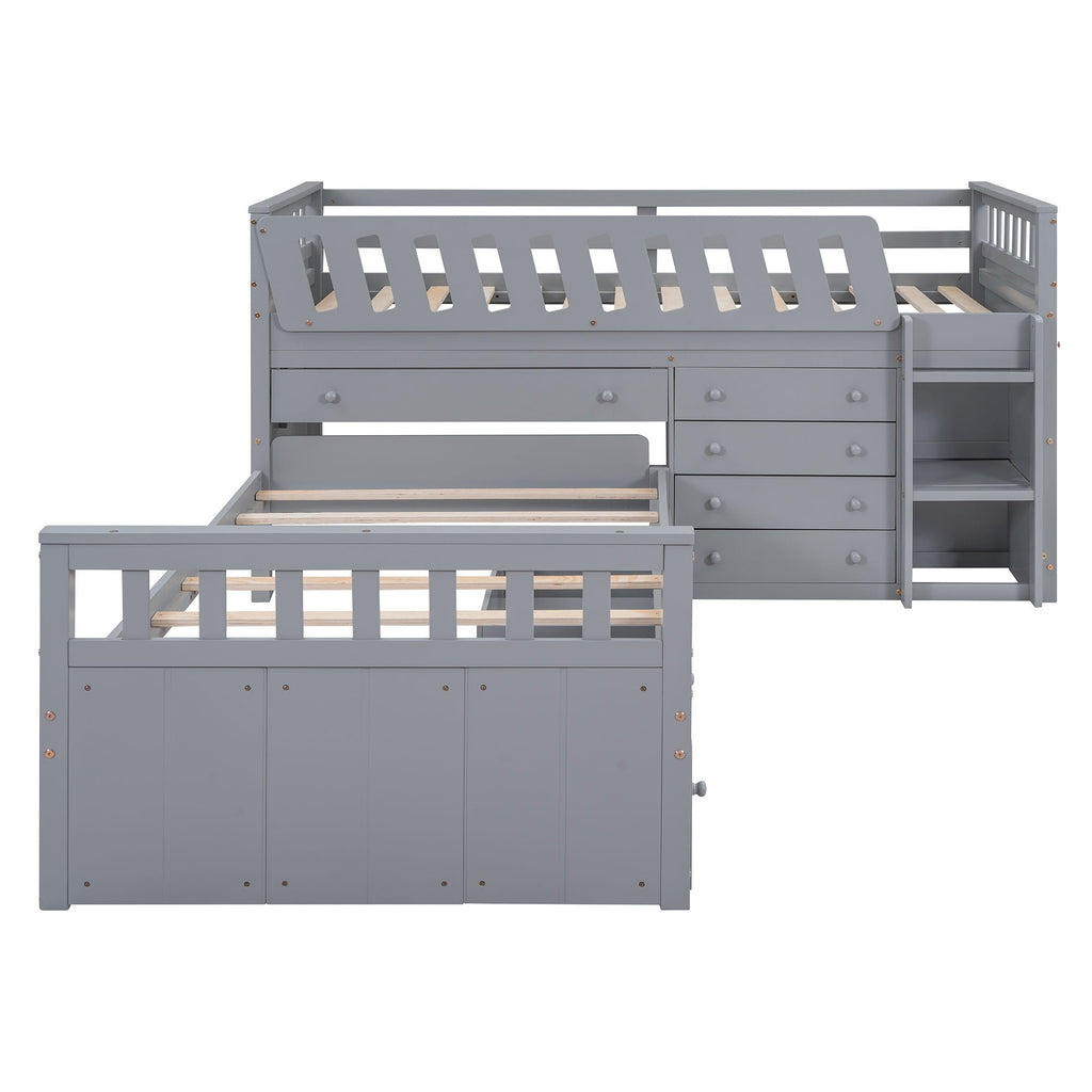 Loft Platform Bed With 7 Drawers And Full Guardrails, Modern L Shaped Space Savin