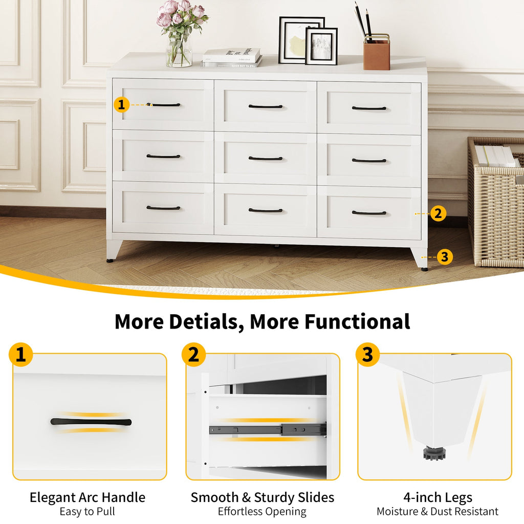 9 Drawer White Metal Dresser with Quiet-Glide Rails