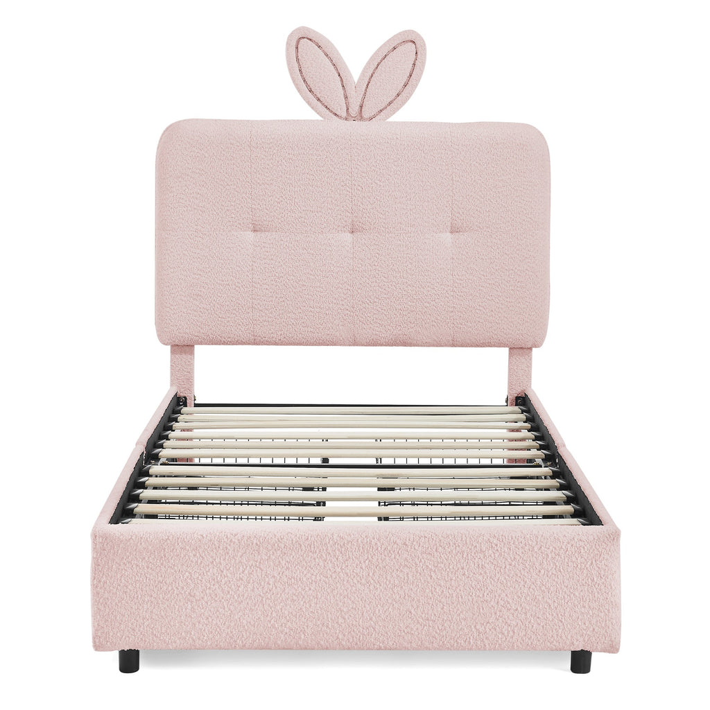 Twin Size Kids Upholstered Bed with Oversized Rabbit Ear Headboard