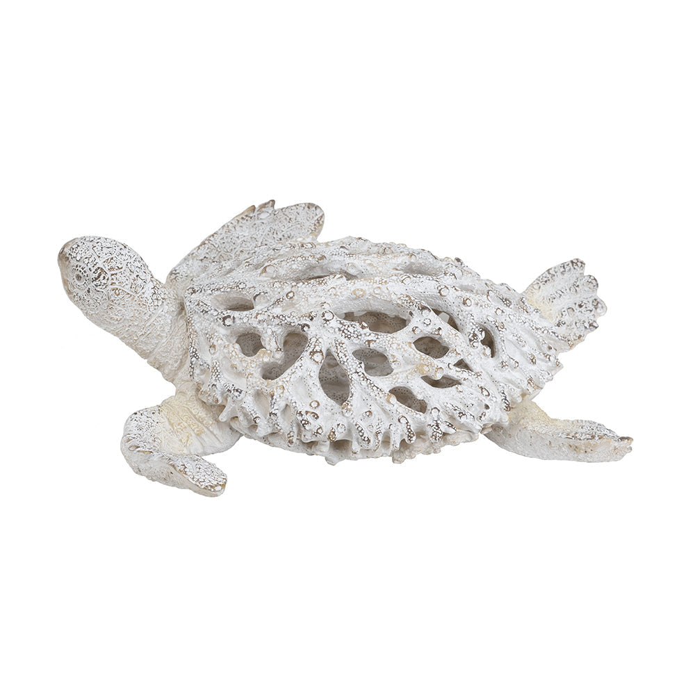13.2x12.2x3.9' Decorative Polyresin Turtle Statue with White Coral Reef Design