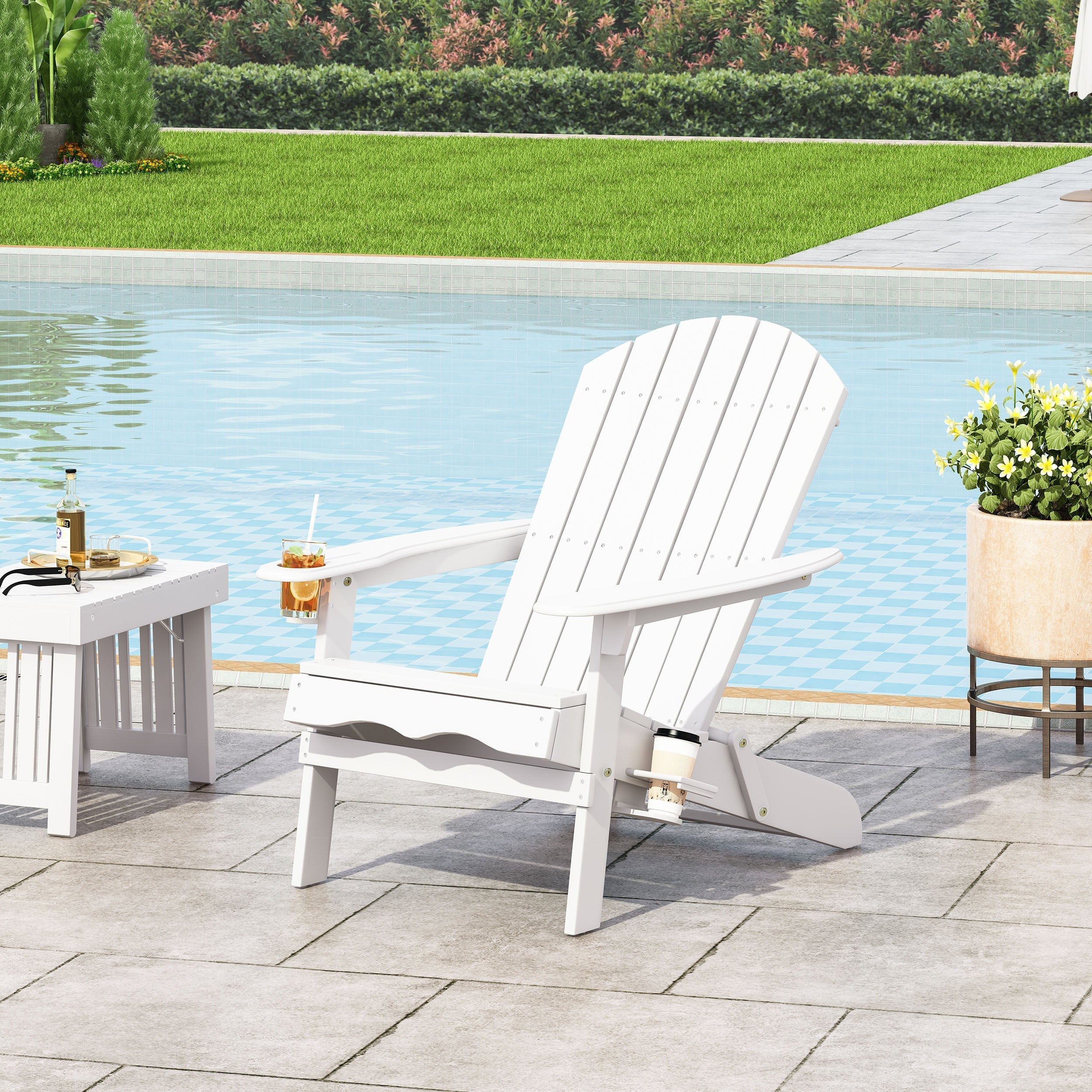 Zenithia Outdoor Foldable Adirondack Chair with 2 Cup Holders, White