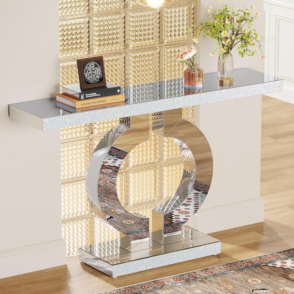 Mirrored Console Table With O-Shaped Base For Living Hallway - Silver / Clear