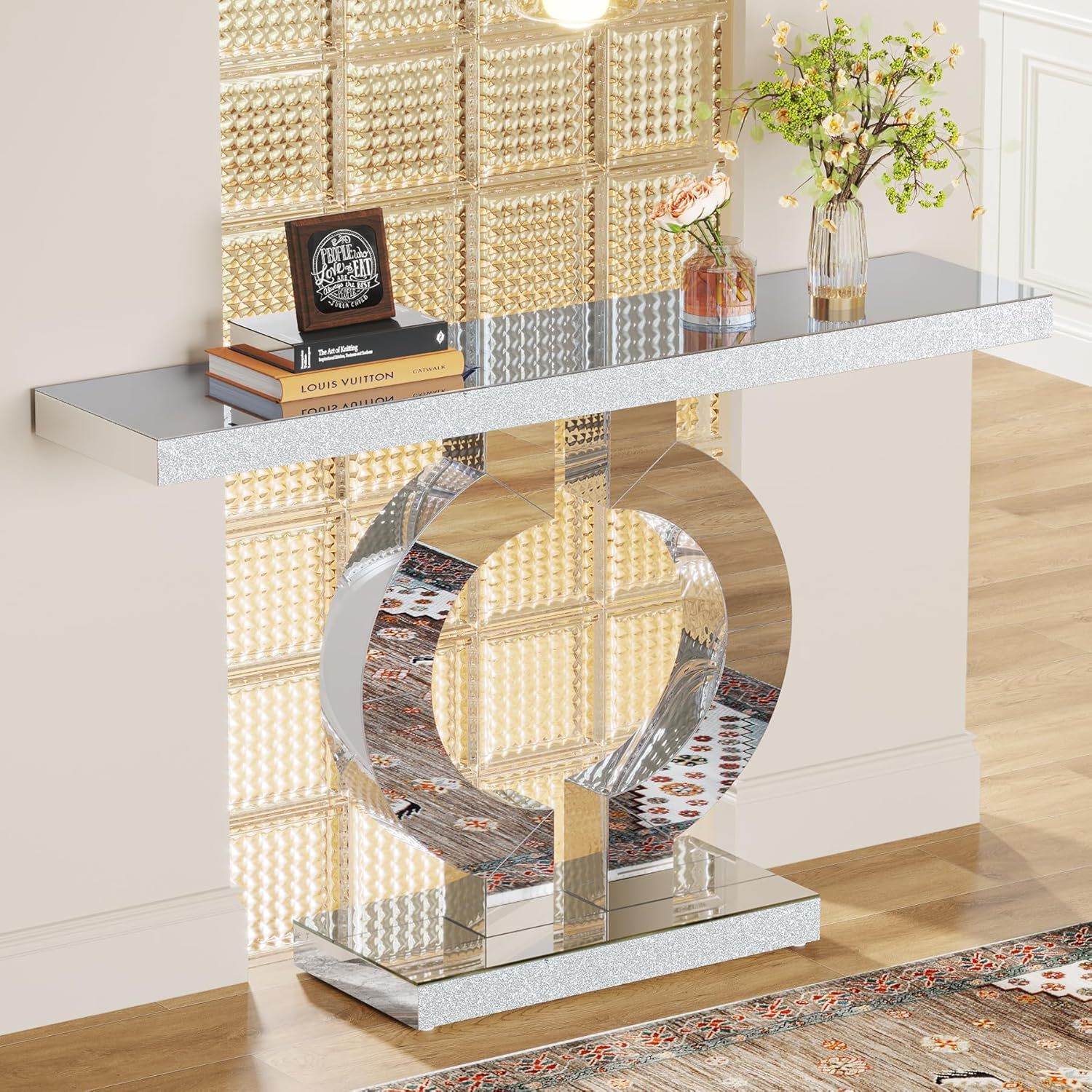 Mirrored Console Table With O-Shaped Base For Living Hallway - Silver / Clear