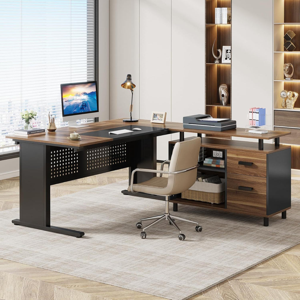 L-Shaped Executive Desk With File Cabinet, Office Workstation With Drawers, Shelves & Storage