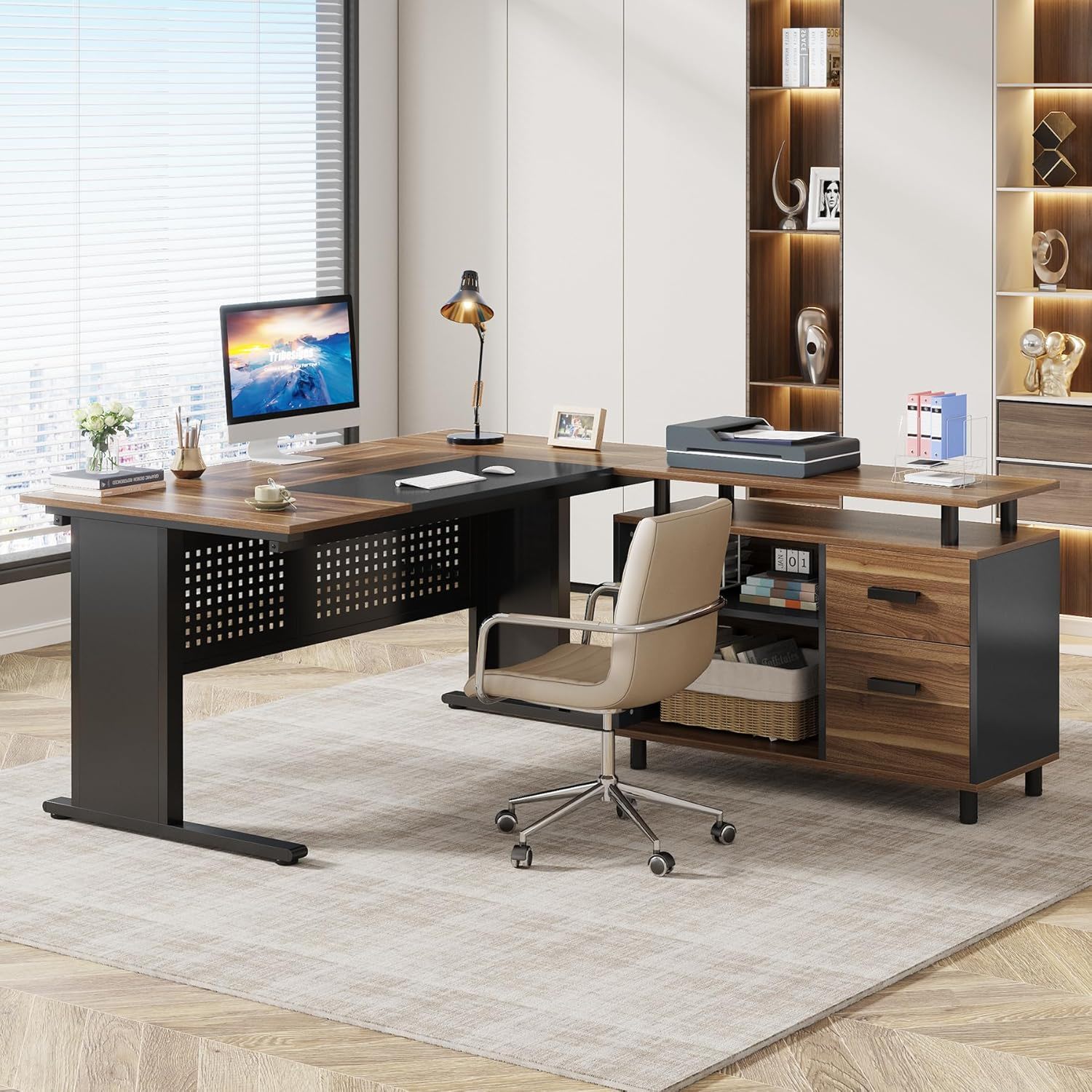 L-Shaped Executive Desk With File Cabinet, Office Workstation With Drawers, Shelves & Storage