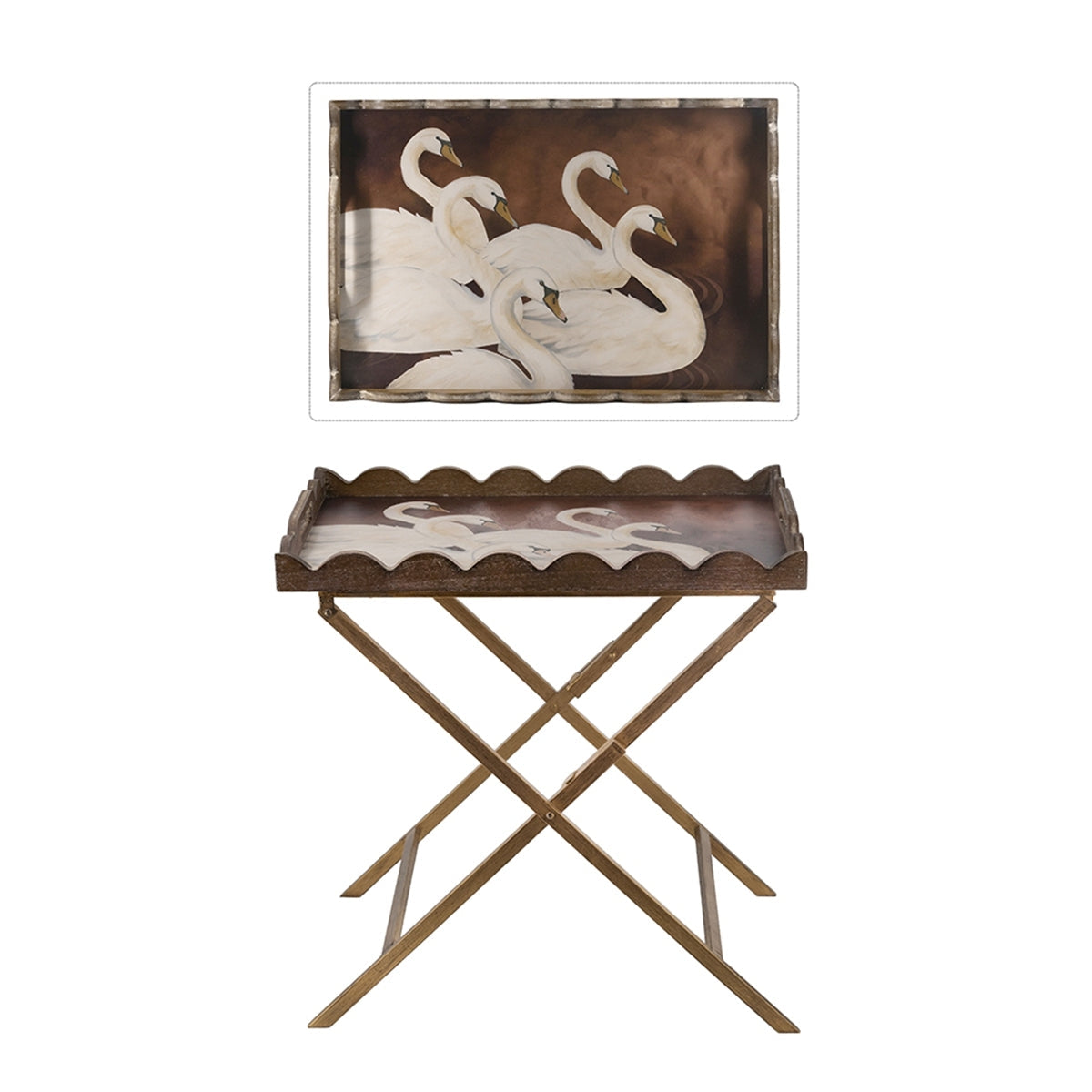 23.5x15.5x24 Brown MDF Tray Table with White Swan Motif and Iron Base