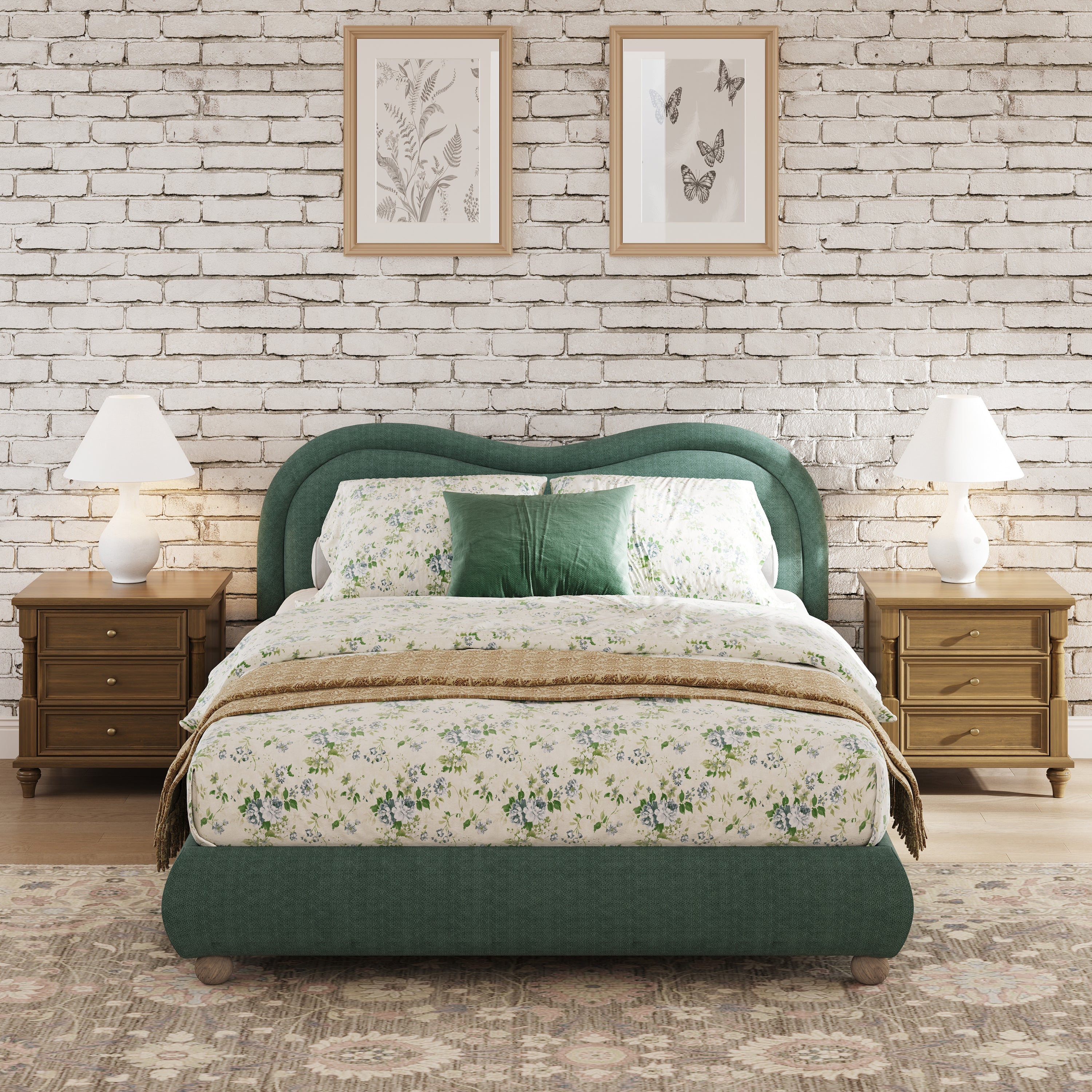 Queen Size Upholstered Platform Bed Frame with Rounded Corners Curved Headboard