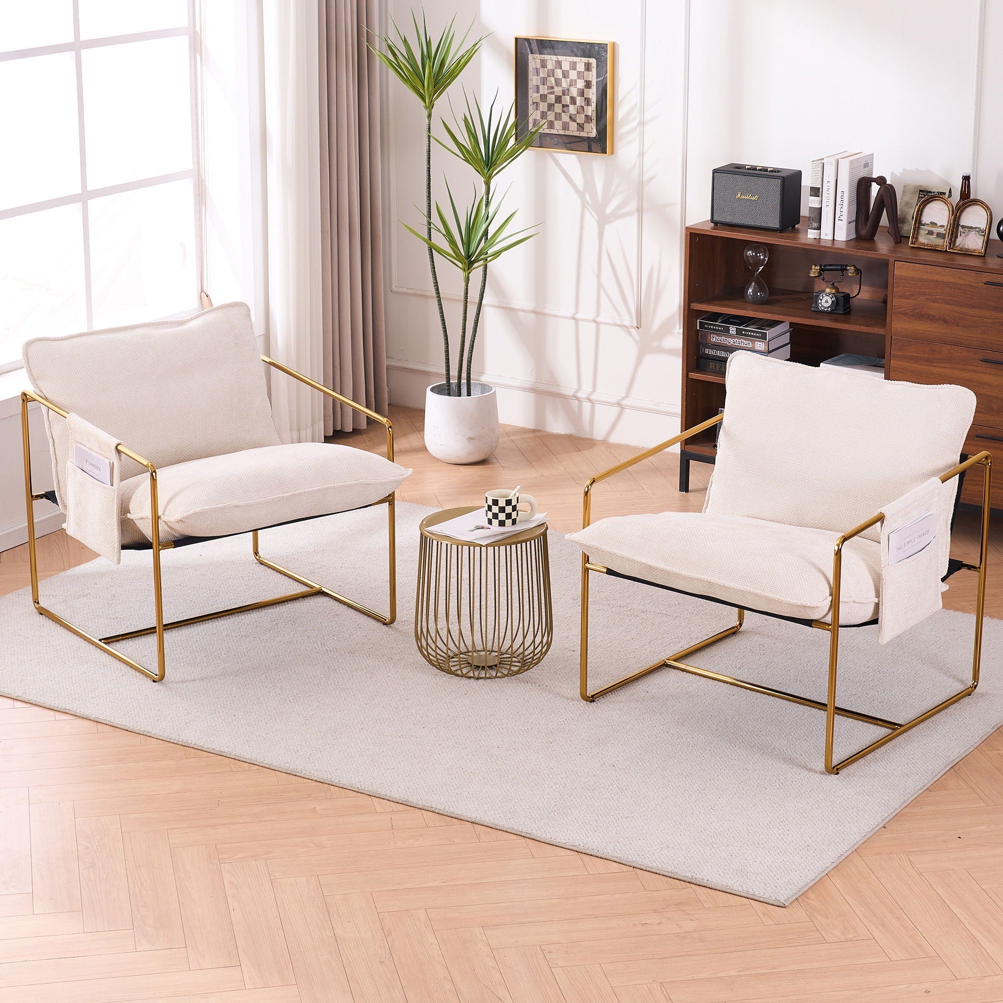 Upholstered Hanging Armchair With Arm Pocketsmetal Frame (Set of 2), Plated Craftsmanship, Crushed Foam Cushions And Skin-Friendly Woven Fabric For Living Room And Bedroom