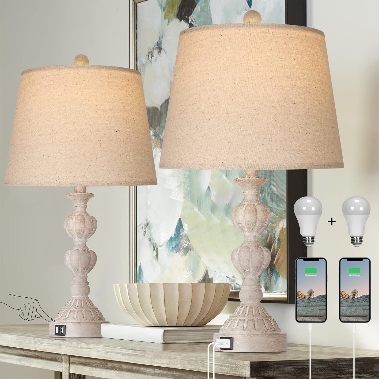 Touch Control Coastal Farmhouse Table Lamp Set of 2