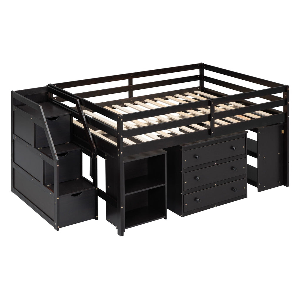 Loft Bed With Retractable Writing Desk And 3 Drawers With Storage Stairs And Shelves