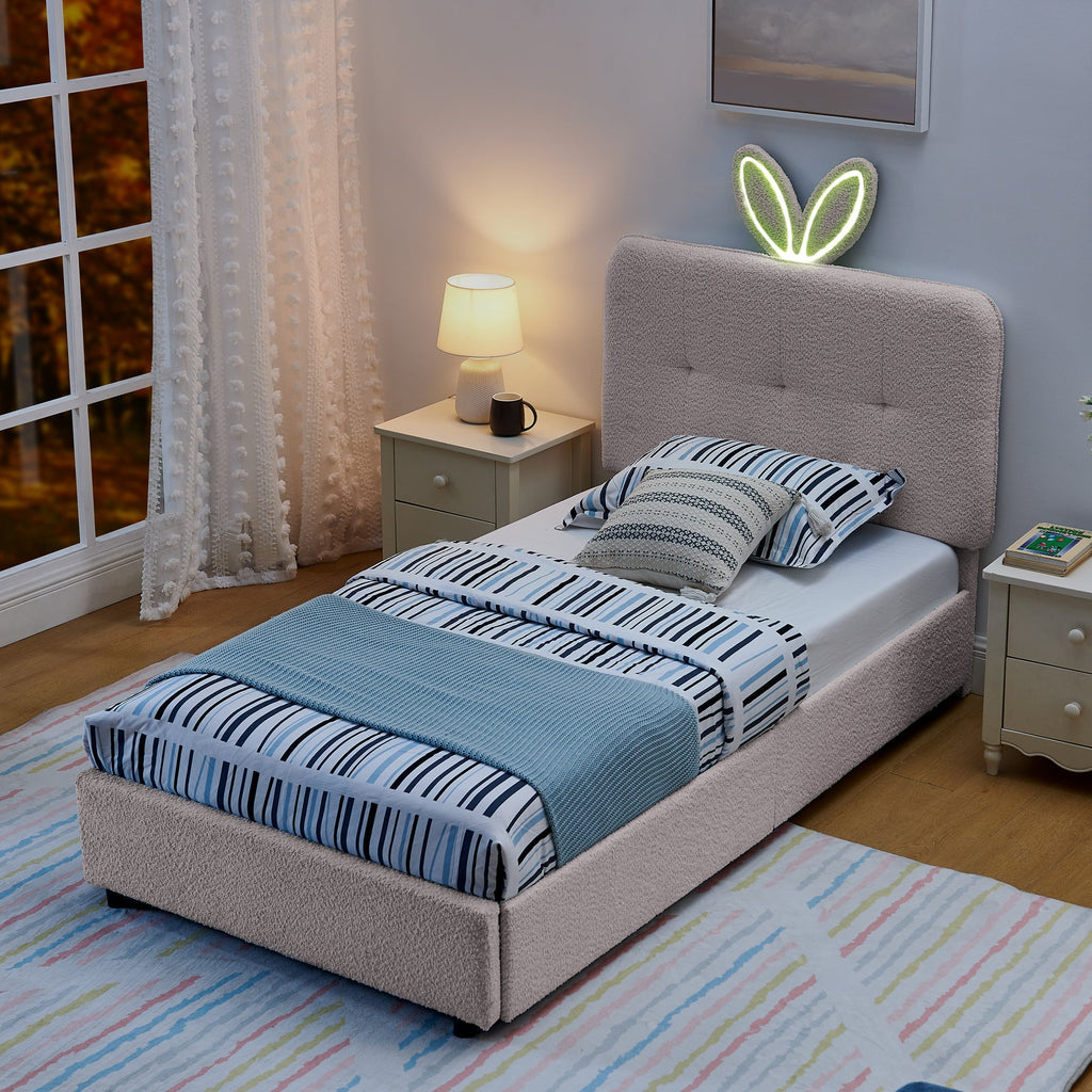 Twin Size Kids Upholstered Bed with Oversized Rabbit Ear Headboard
