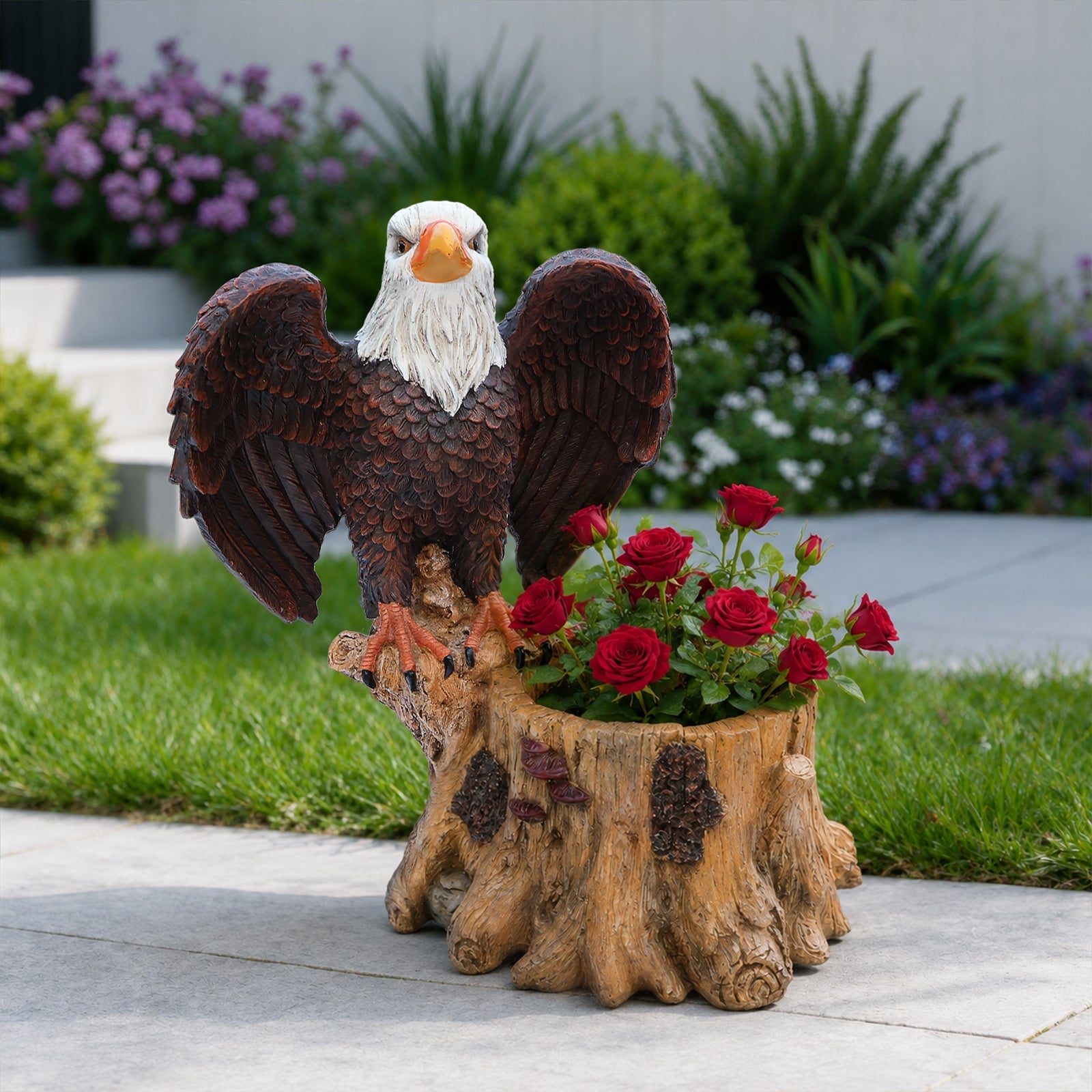 Majestic Eagle Garden Planter Pot on Tree Stump Base
