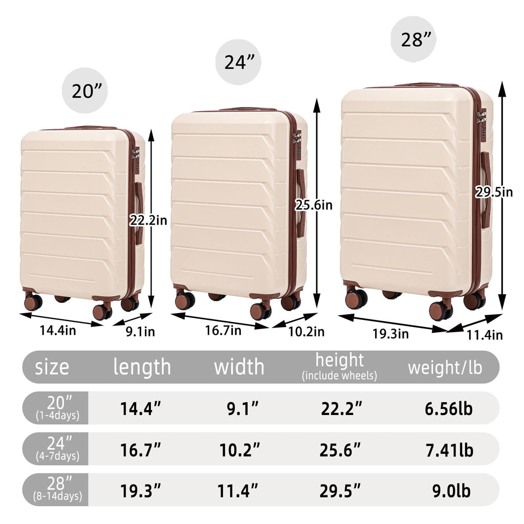 3-Piece ABS Spinner Wheel Luggage Set 20"/24"/28" Beige