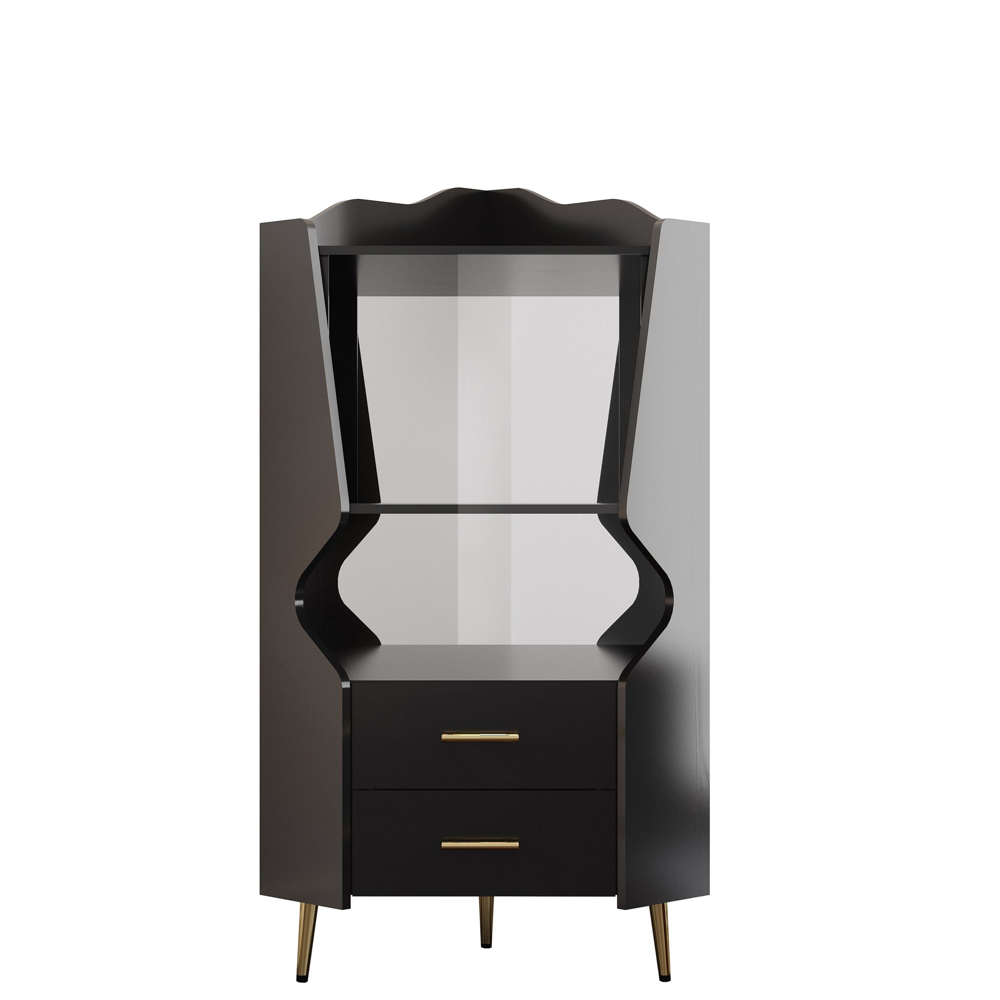 Corner Bar Cabinet With Mirrored Back, 2 Open Shelves & 2 Drawers