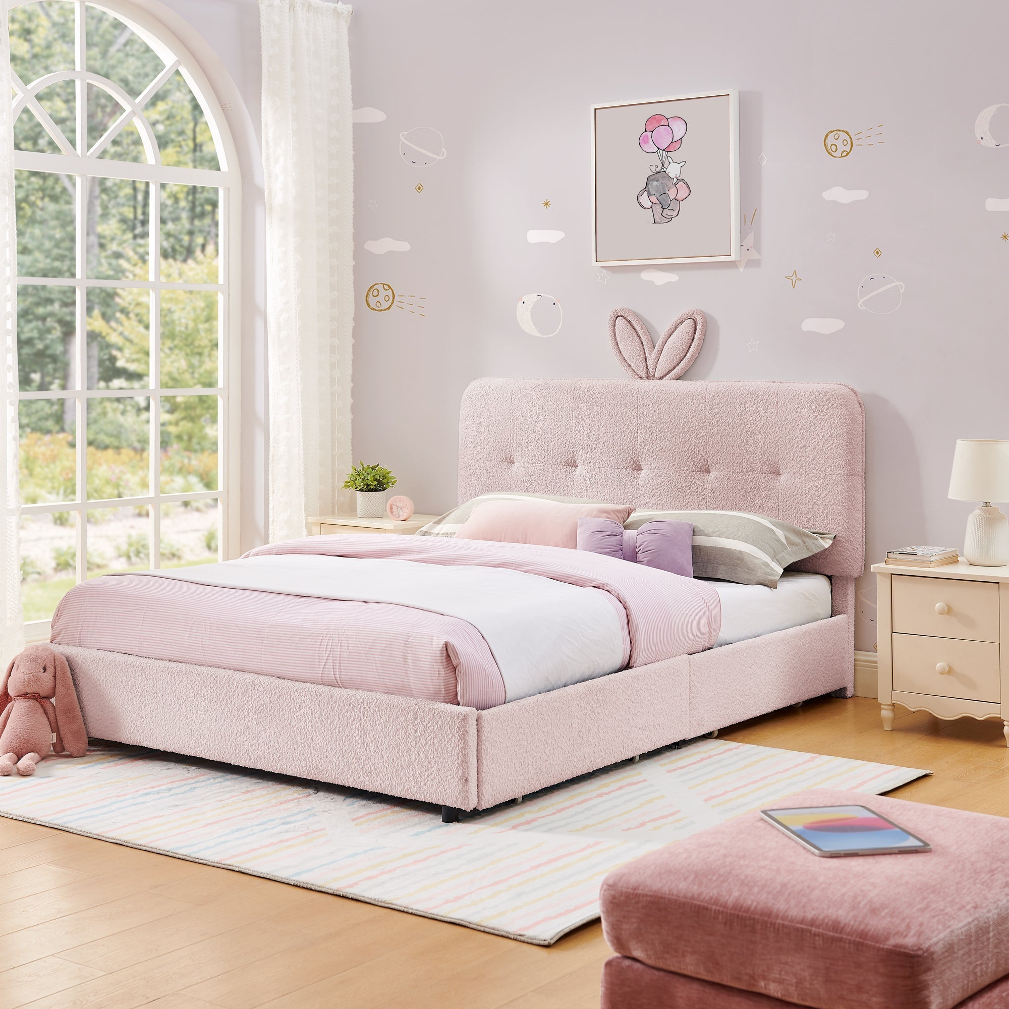 Full Size Kids Upholstered Bed with Oversized Rabbit Ear Headboard