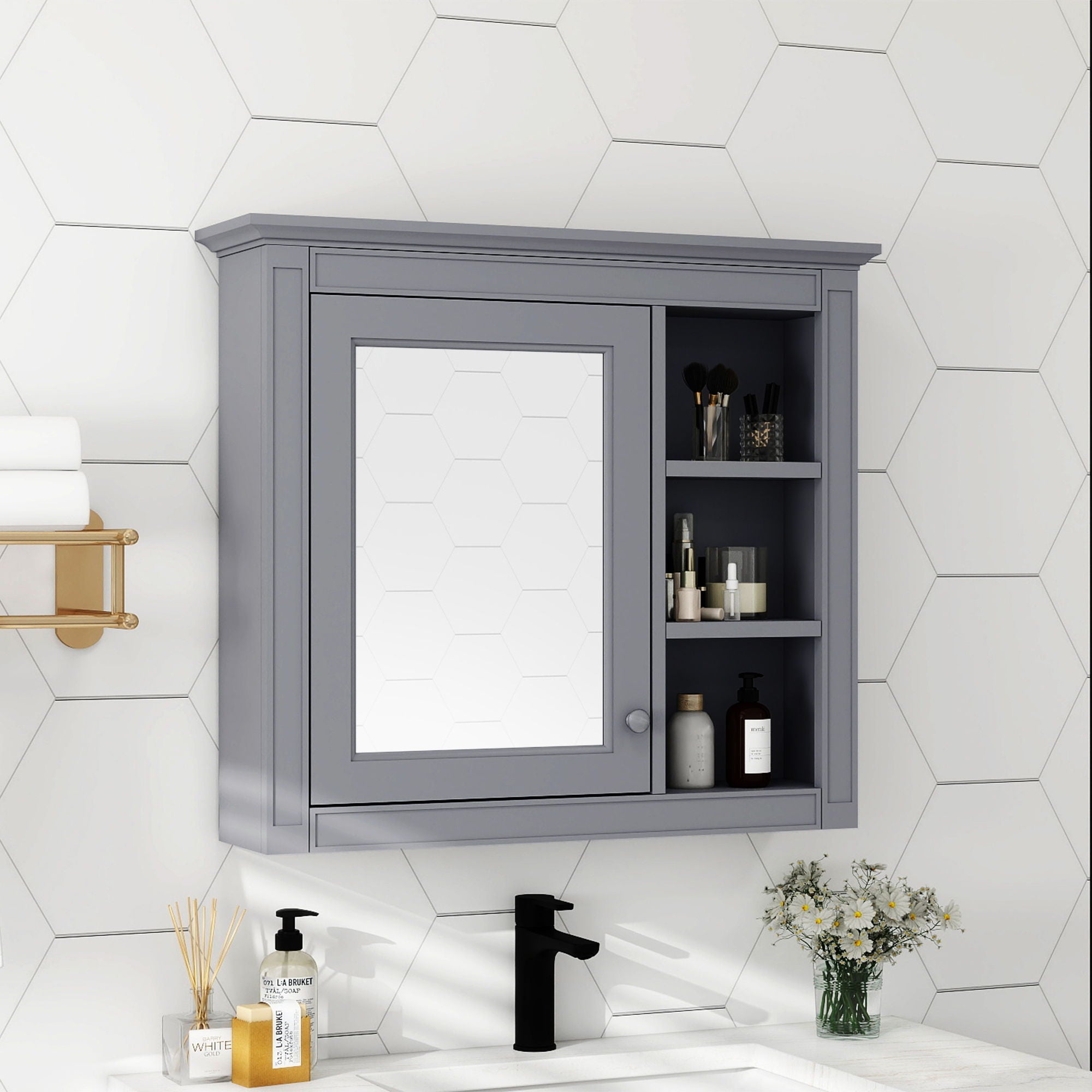 Wall Mounted Medicine Cabinet With Mirror and 3 Open Shelves