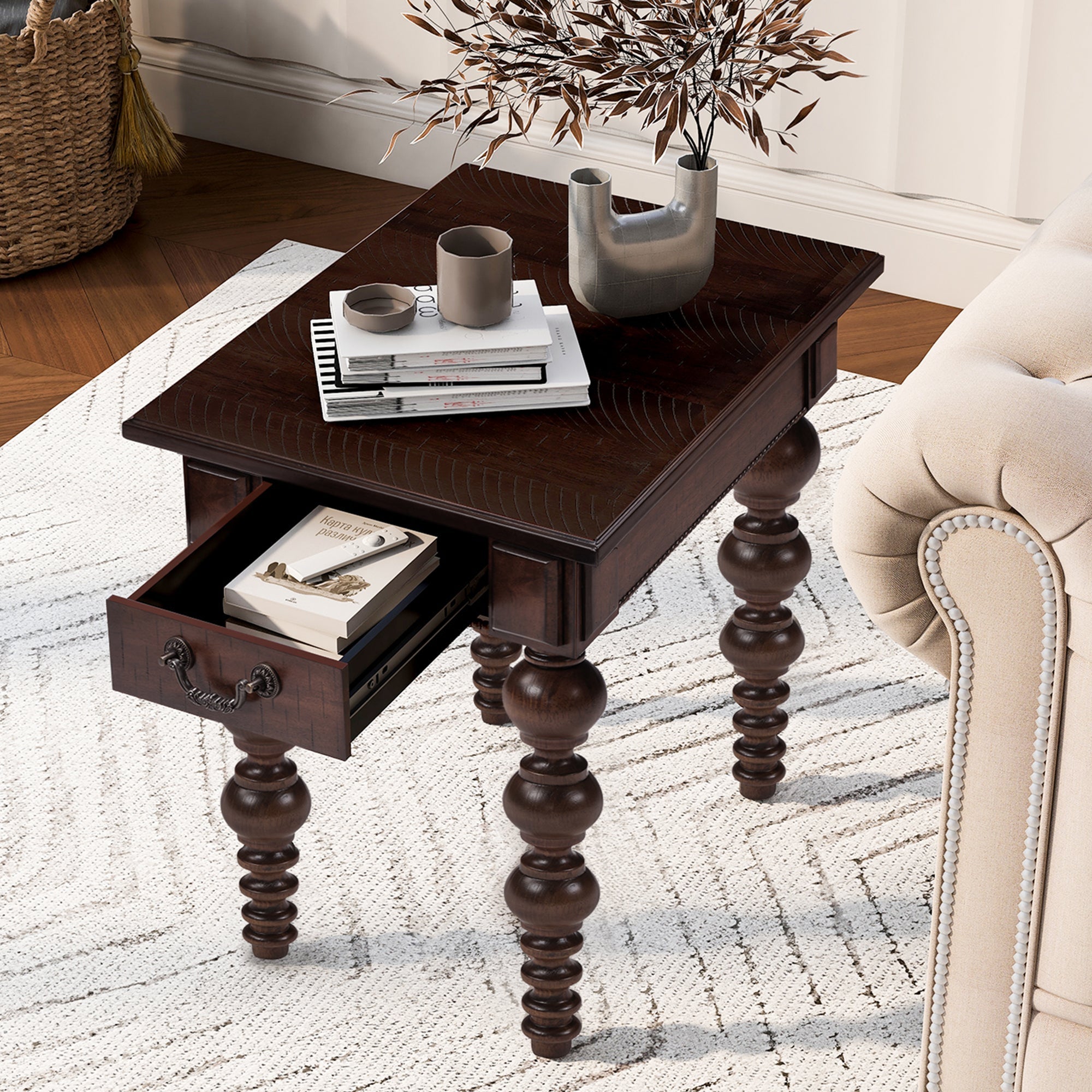 Solid Wood End Table with Drawer in Espresso Finish