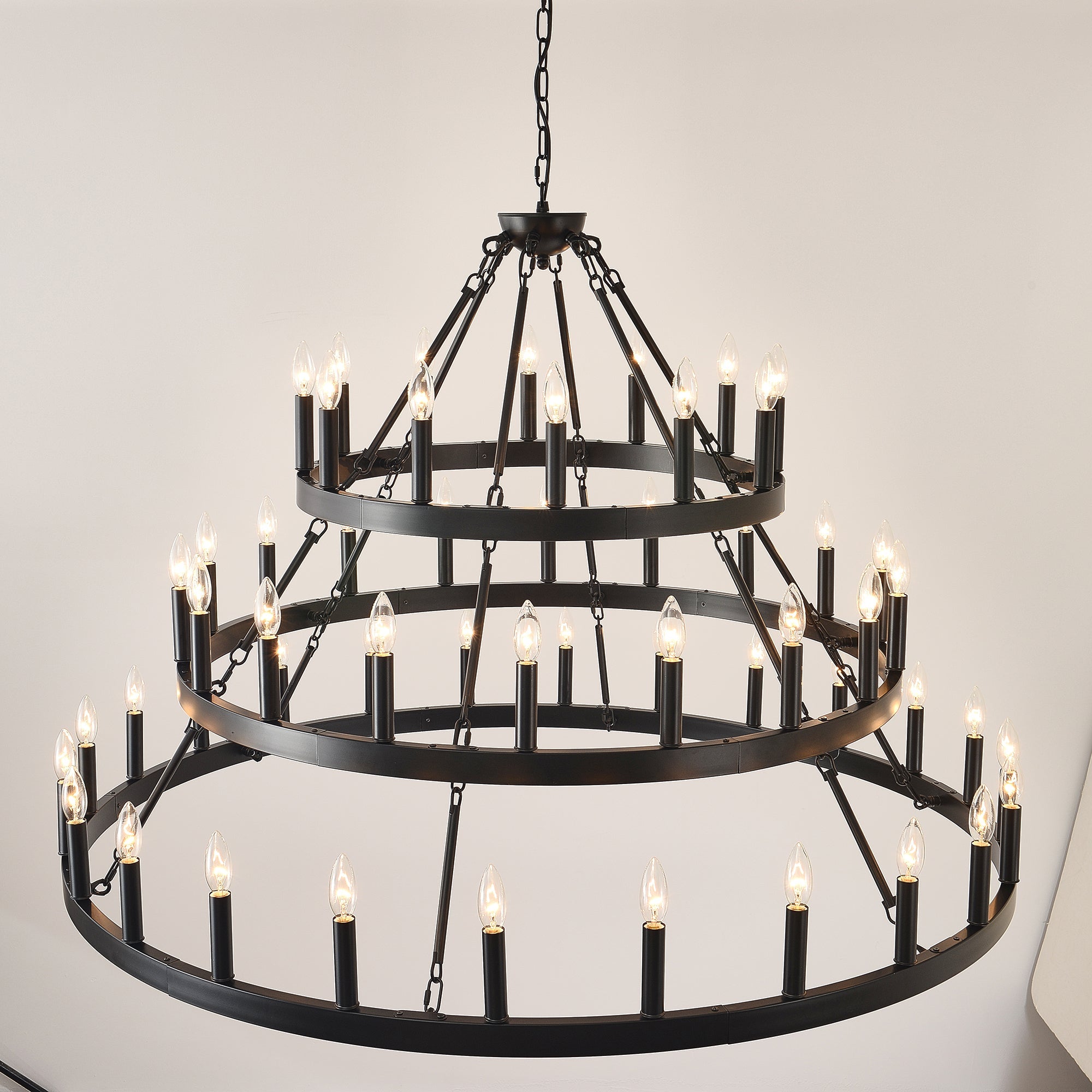 3 Tiers Wagon Wheel Chandelier - 54-Light Matte Black Metal