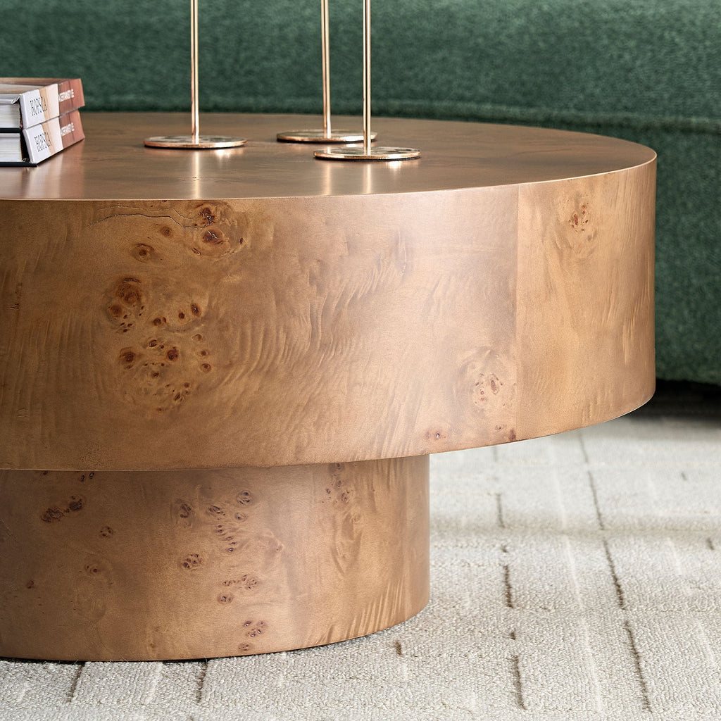 31.49" Burl Wood Veneer Round Coffee Table