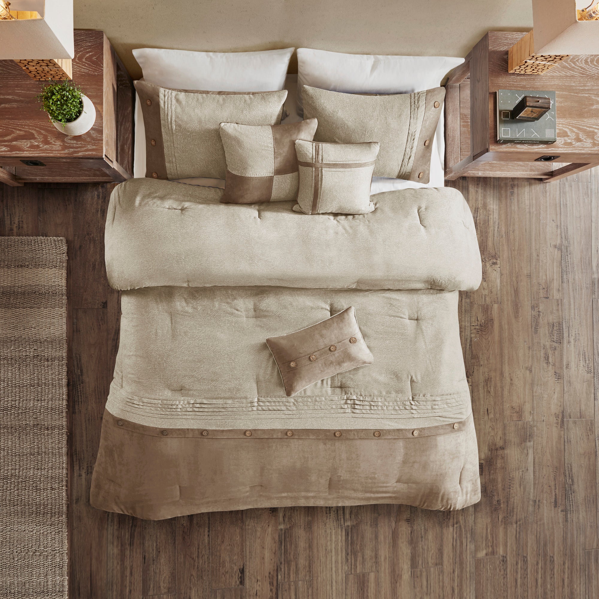 7 Piece Faux Suede Comforter Set Tan King