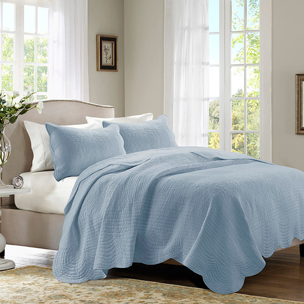 3 Piece Reversible Scalloped Edge Quilt Set - Blue King/Cal King