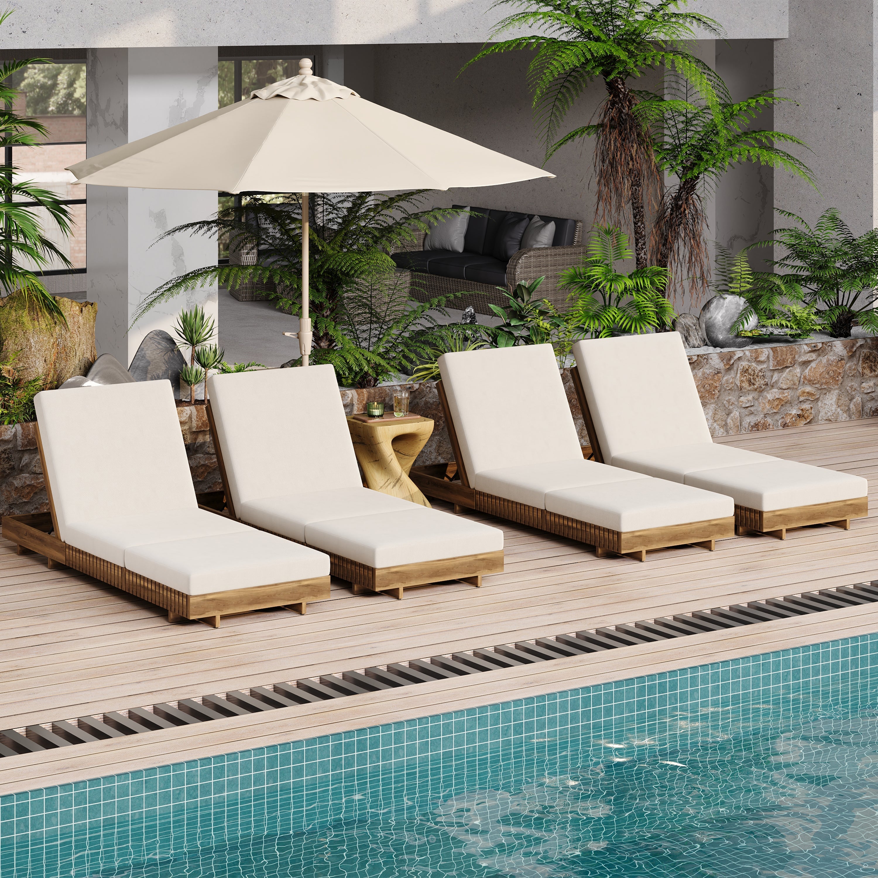 Lounge Chaise Set, Acacia Solid Wood with Cream Lounge Cushion